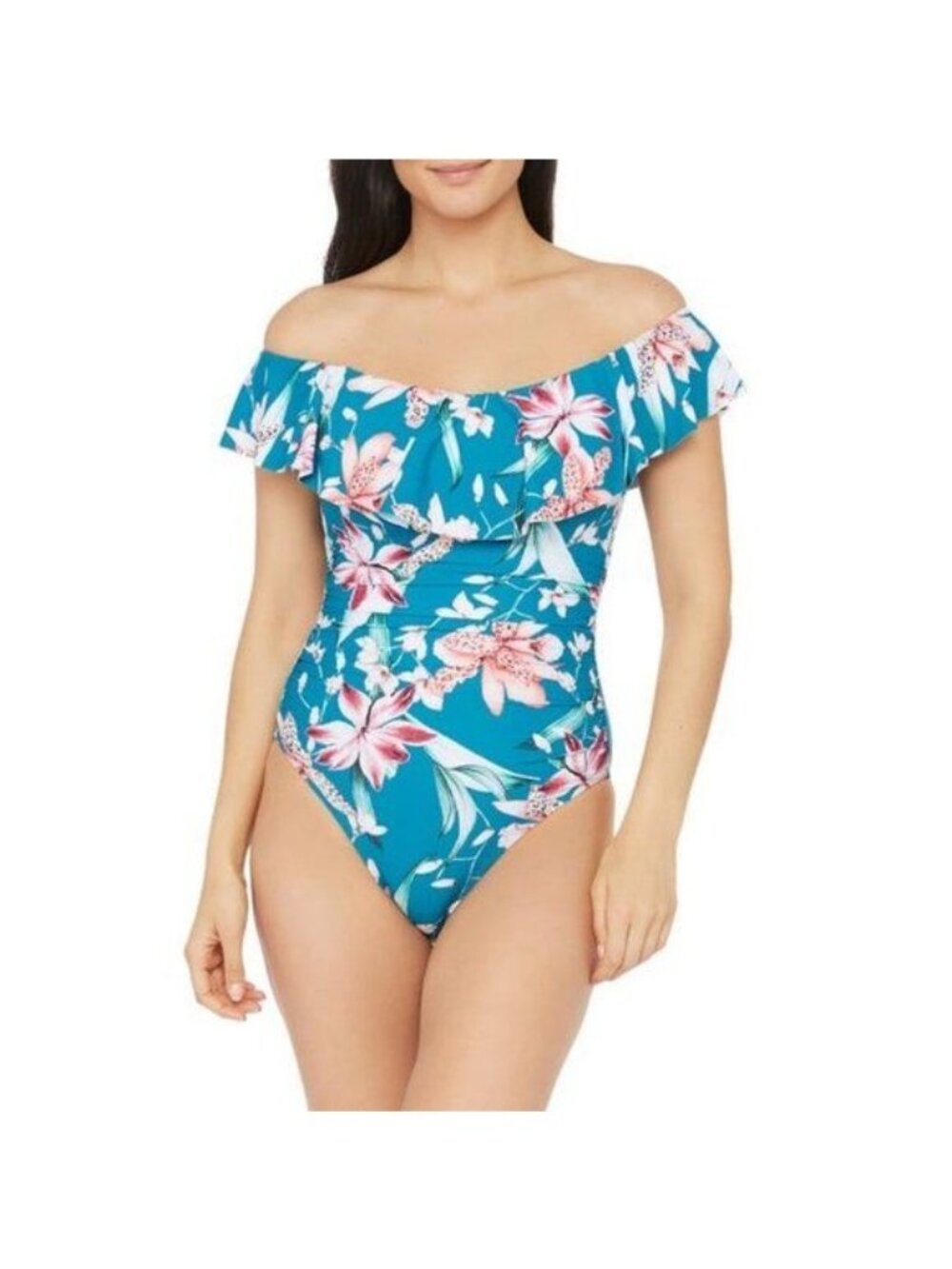 🆕LA BLANCA Off Shoulder Flyaway Orchid Floral Print One Piece Swimsuit 16